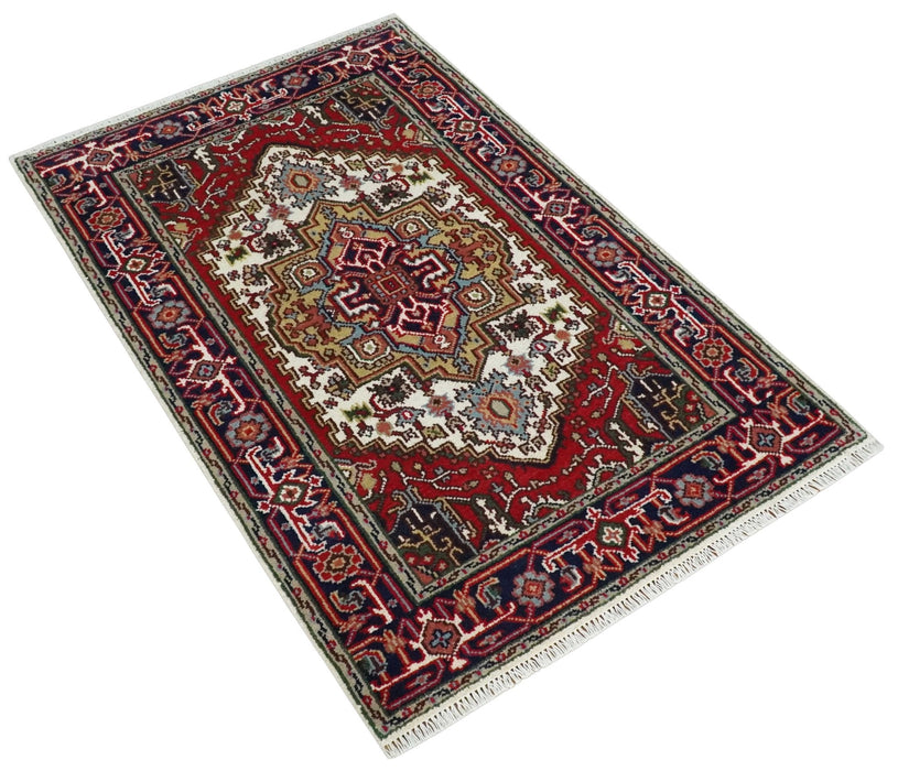 Hand Knotted Ivory, Brown and Blue 4x6 Traditional Antique Style Wool Area Rug