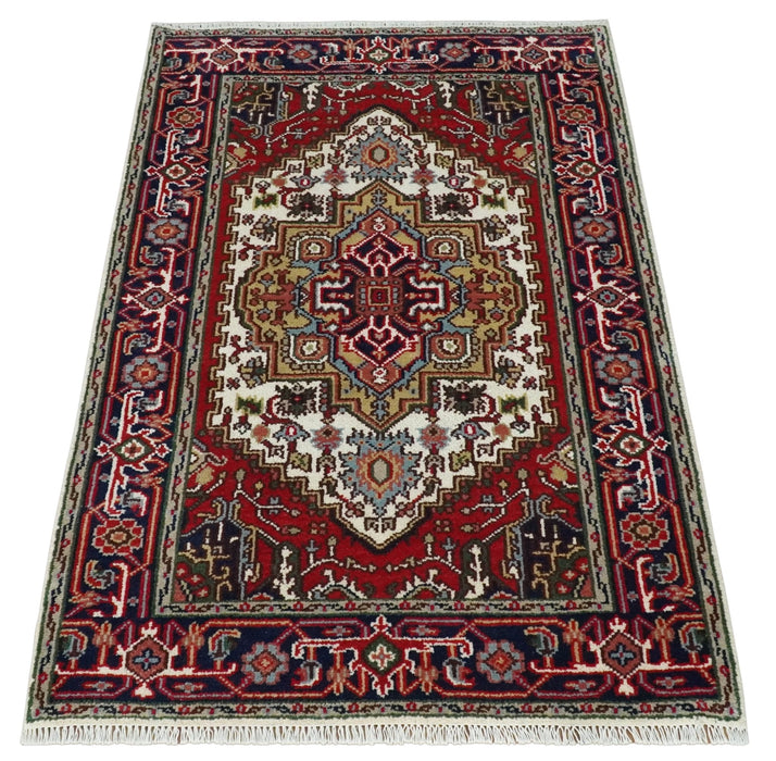 Hand Knotted Ivory, Brown and Blue 4x6 Traditional Antique Style Wool Area Rug