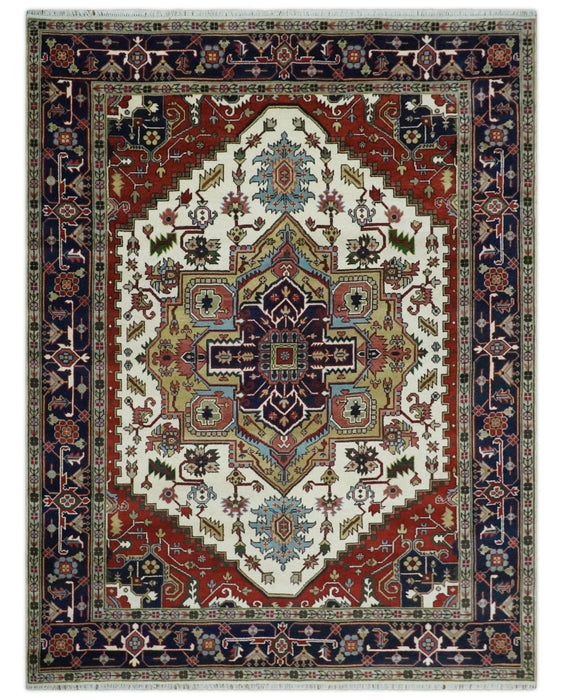 Hand Knotted Ivory, Brown and Blue 9x12 Traditional Antique Syle Wool Area Rug