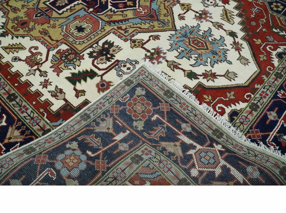 Hand Knotted Ivory, Brown and Blue 9x12 Traditional Antique Syle Wool Area Rug