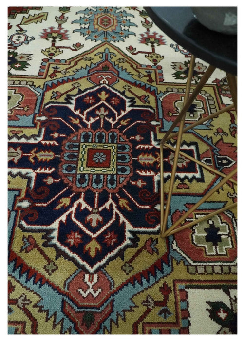 Hand Knotted Ivory, Brown and Blue 9x12 Traditional Antique Syle Wool Area Rug