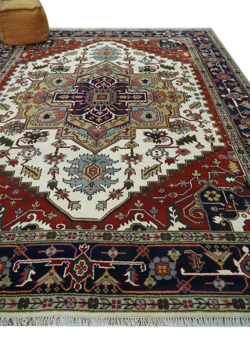 Hand Knotted Ivory, Brown and Blue 9x12 Traditional Antique Syle Wool Area Rug