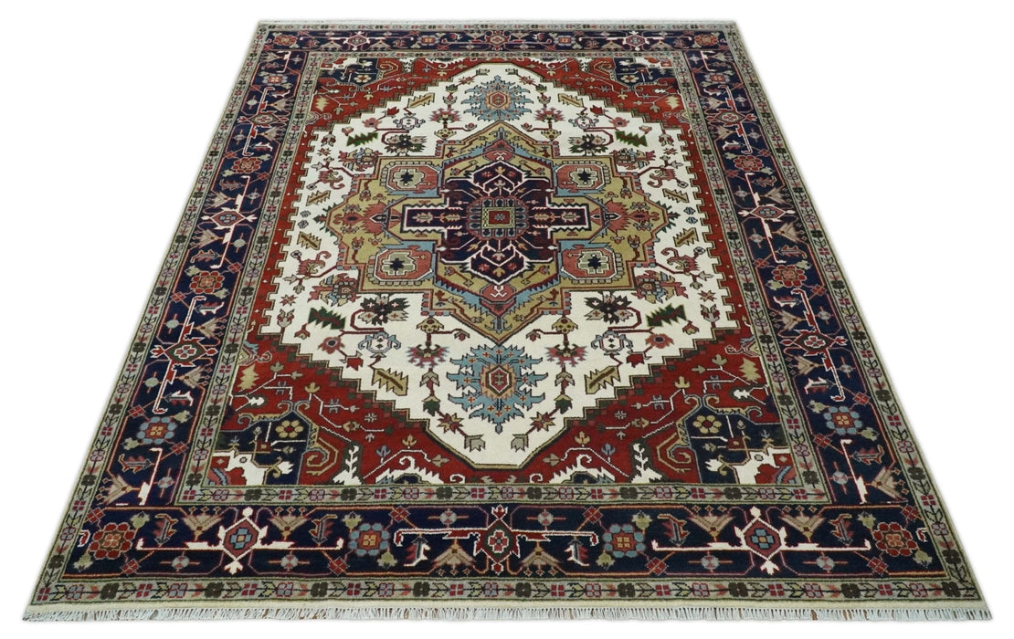 Hand Knotted Ivory, Brown and Blue 9x12 Traditional Antique Syle Wool Area Rug