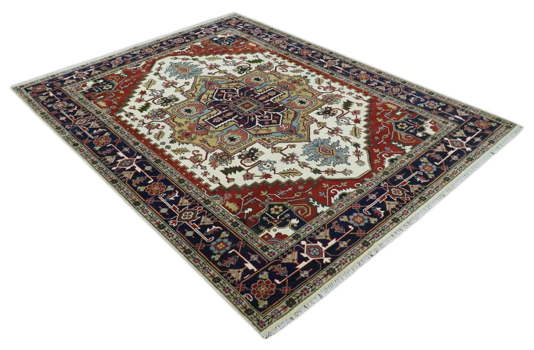 Hand Knotted Ivory, Brown and Blue 9x12 Traditional Antique Syle Wool Area Rug