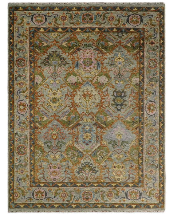 Hand knotted Silver, Rust and Pink Traditional Antique Moss green Oushak Area Rug