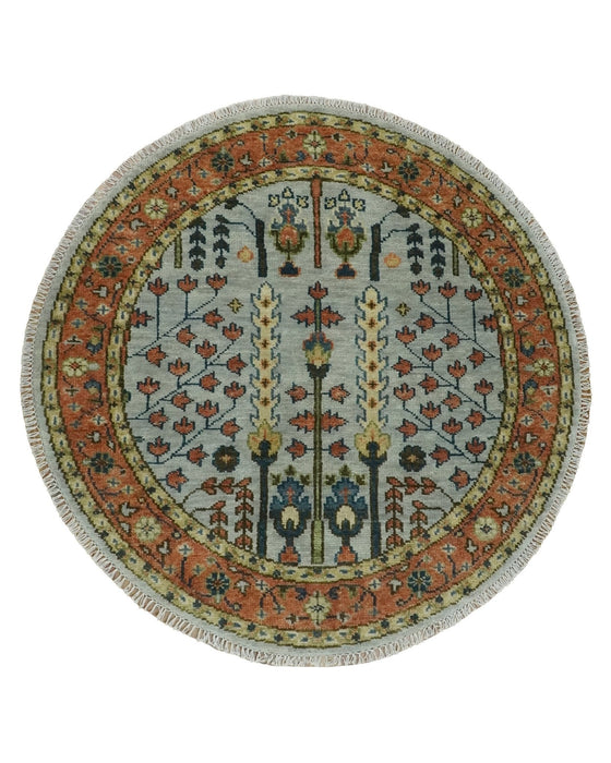 Hand Knotted Tree of Life Rust and Blue Traditional Turkish Design Wool Rug