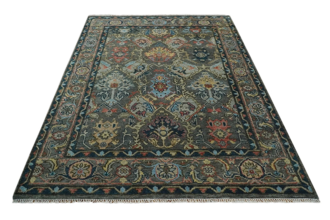 Hand Spun Wool Traditional Legacy Oushak Blue, Rust and Charcoal Area Rug