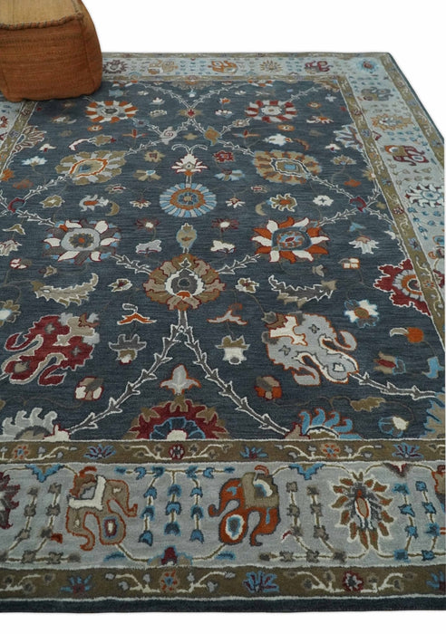 Hand Tufted Charcoal and Silver vintage colorful Modern Oushak Rug, Kids, Living Room and Bedroom Rug | TRD6493