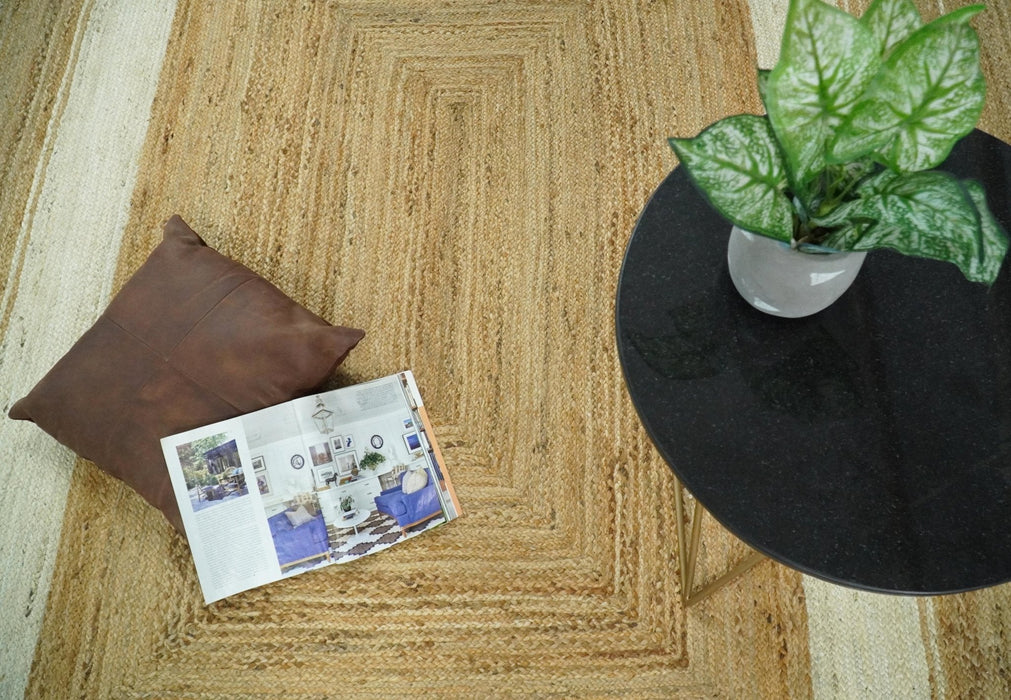 Hand Woven 100% Natural Fiber White and Brown Natural Jute Rug | JR3