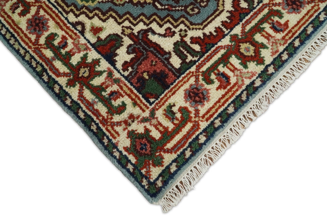 Handmade Blue and Ivory Heriz Serapi 8 Feet Runner made with wool | TRDCP41268