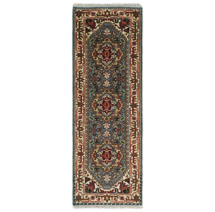 Handmade Blue and Ivory Heriz Serapi 8 Feet Runner made with wool | TRDCP41268