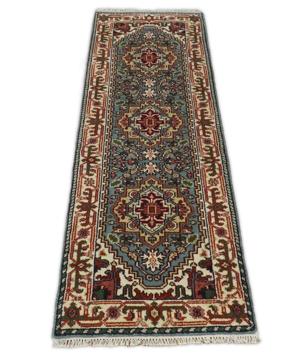 Handmade Blue and Ivory Heriz Serapi 8 Feet Runner made with wool | TRDCP41268