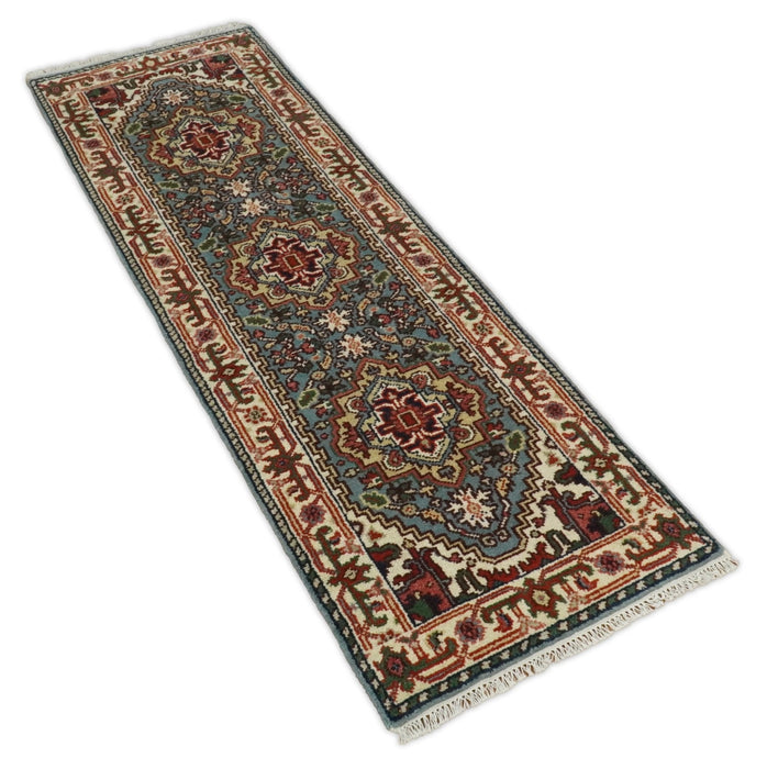 Handmade Blue and Ivory Heriz Serapi 8 Feet Runner made with wool | TRDCP41268