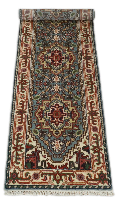Handmade Blue and Ivory Heriz Serapi 8 Feet Runner made with wool | TRDCP41268