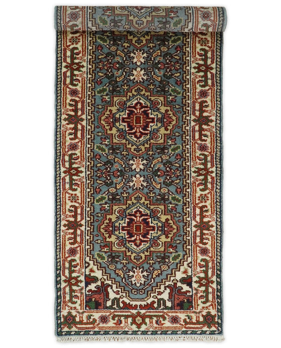 Handmade Blue and Ivory Heriz Serapi 8 Feet Runner made with wool | TRDCP41268