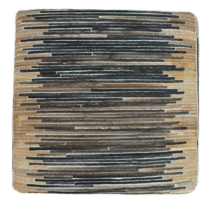 Brown and Black Square Leather Pouf Ottoman, Striped Patchwork Pouf Footstool, Side table, Seat , Foot Rest | TRD105
