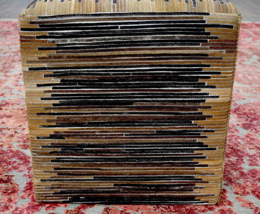Brown and Black Square Leather Pouf Ottoman, Striped Patchwork Pouf Footstool, Side table, Seat , Foot Rest | TRD105