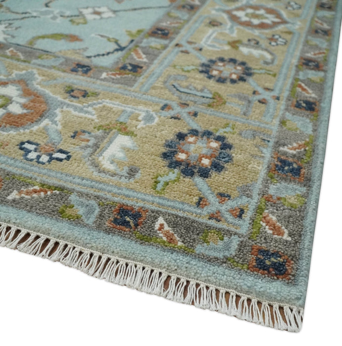 Light Blue and Camel 8x10 Hand Knotted Traditional Floral Oushak Rug