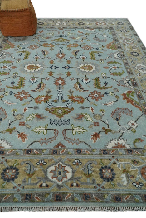 Light Blue and Camel 8x10 Hand Knotted Traditional Floral Oushak Rug