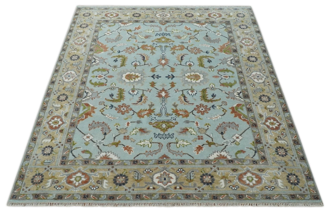 Light Blue and Camel 8x10 Hand Knotted Traditional Floral Oushak Rug