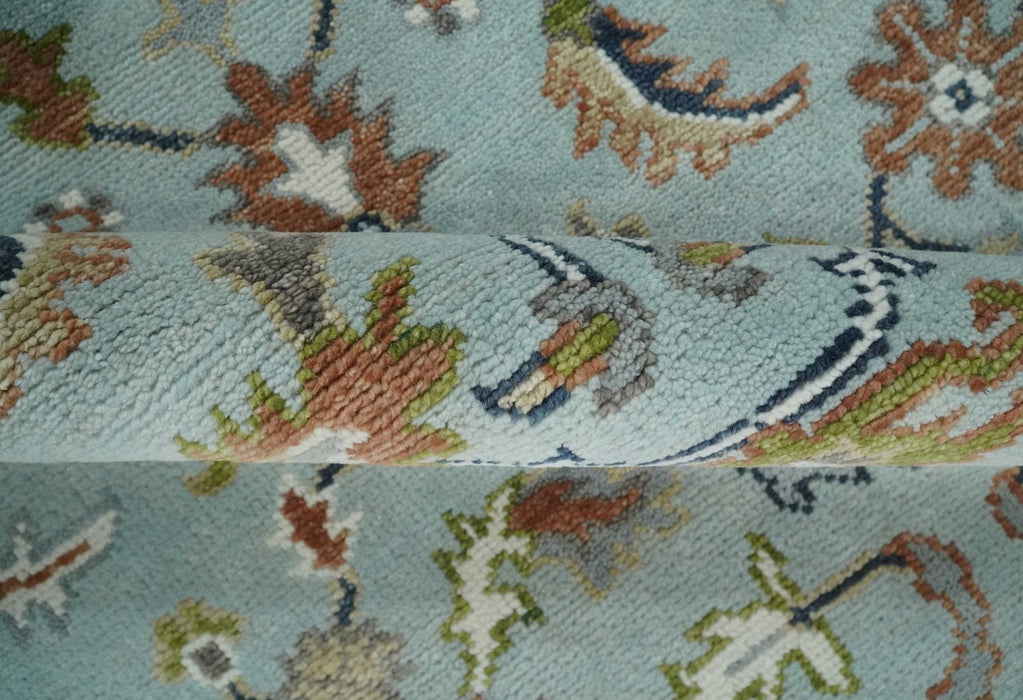 Light Blue and Camel 8x10 Hand Knotted Traditional Floral Oushak Rug
