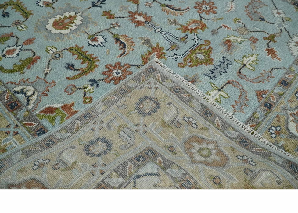Light Blue and Camel 8x10 Hand Knotted Traditional Floral Oushak Rug