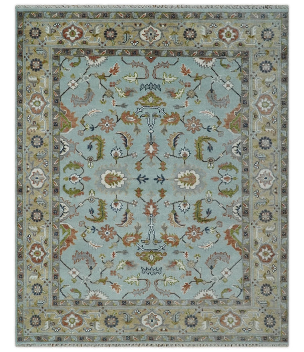 Light Blue and Camel 8x10 Hand Knotted Traditional Floral Oushak Rug