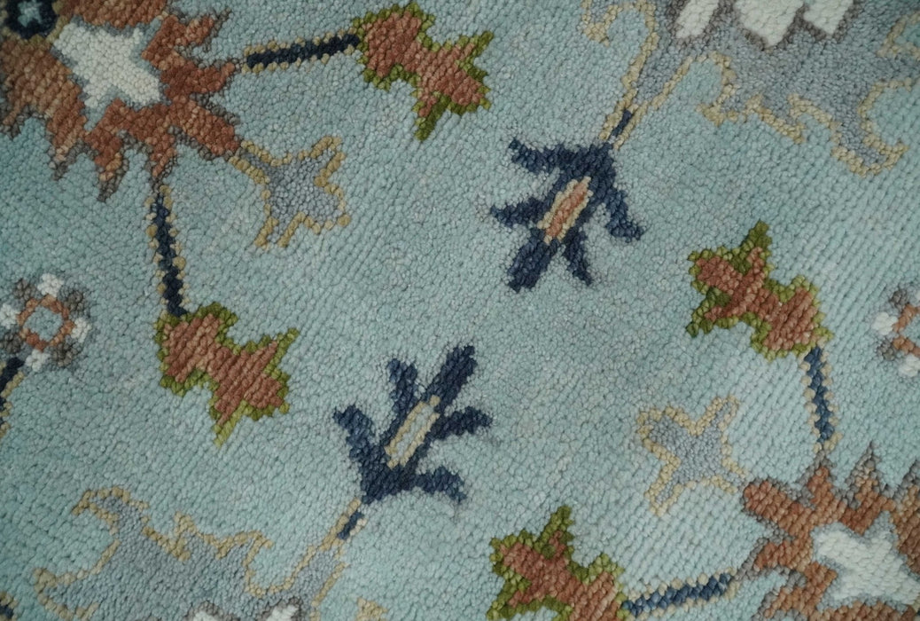 Light Blue and Camel 8x10 Hand Knotted Traditional Floral Oushak Rug