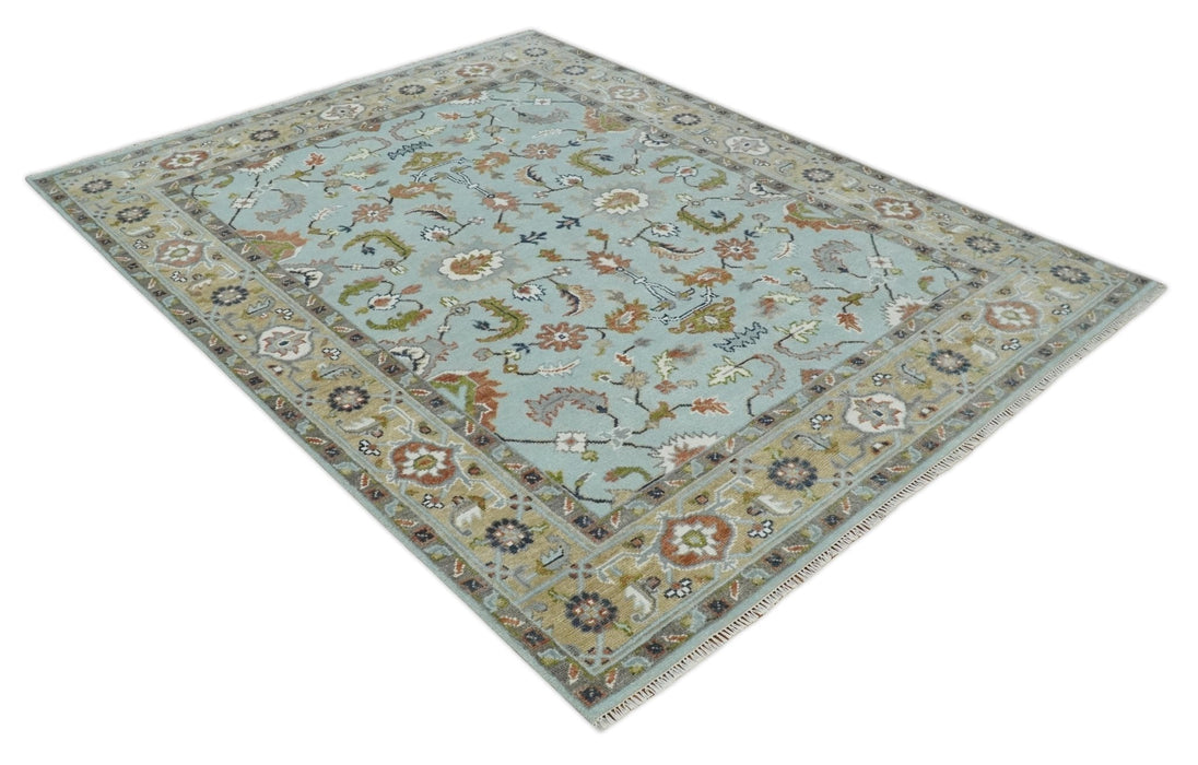 Light Blue and Camel 8x10 Hand Knotted Traditional Floral Oushak Rug
