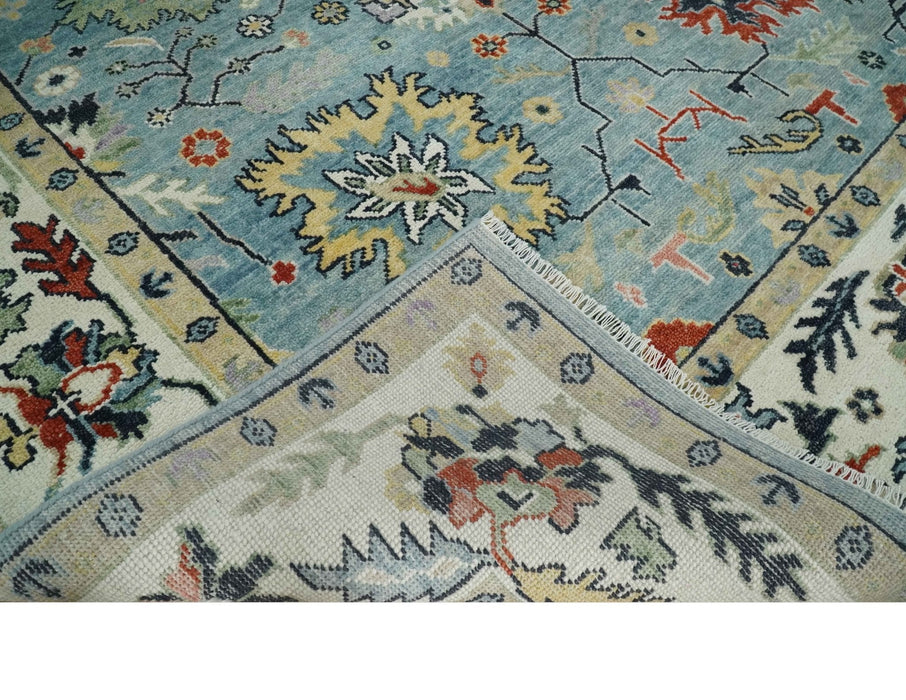 Light Blue and Ivory hand knotted Vibrant colorful Traditional Oushak Wool Area Rug