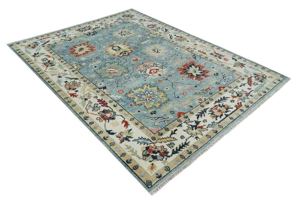 Light Blue and Ivory hand knotted Vibrant colorful Traditional Oushak Wool Area Rug