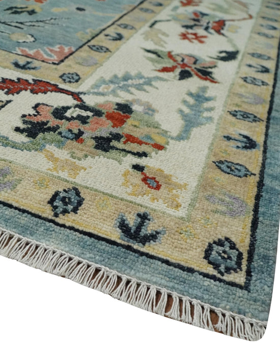 Light Blue and Ivory hand knotted Vibrant colorful Traditional Oushak Wool Area Rug