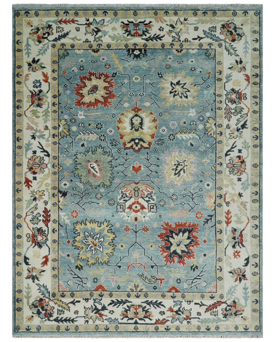 Light Blue and Ivory hand knotted Vibrant colorful Traditional Oushak Wool Area Rug