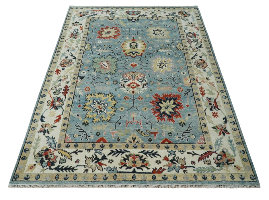 Light Blue and Ivory hand knotted Vibrant colorful Traditional Oushak Wool Area Rug