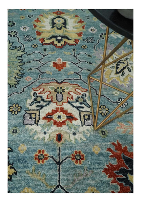 Light Blue and Ivory hand knotted Vibrant colorful Traditional Oushak Wool Area Rug