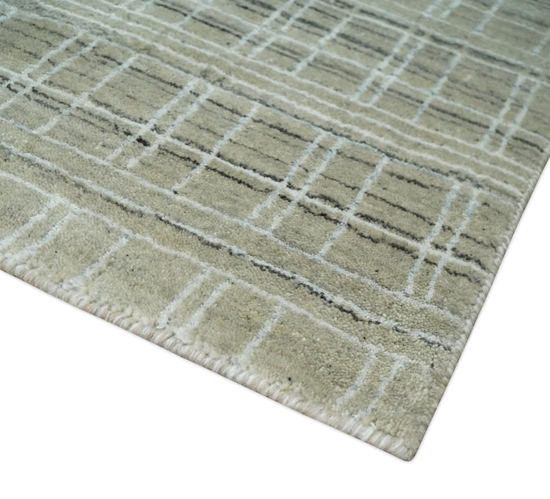 Modern 8x10 Hand Made striped Olive, White and Brown Scandinavian Blended Wool Flatwoven Area Rug | KE33