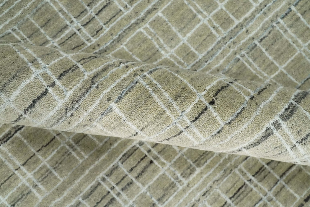 Modern 8x10 Hand Made striped Olive, White and Brown Scandinavian Blended Wool Flatwoven Area Rug | KE33