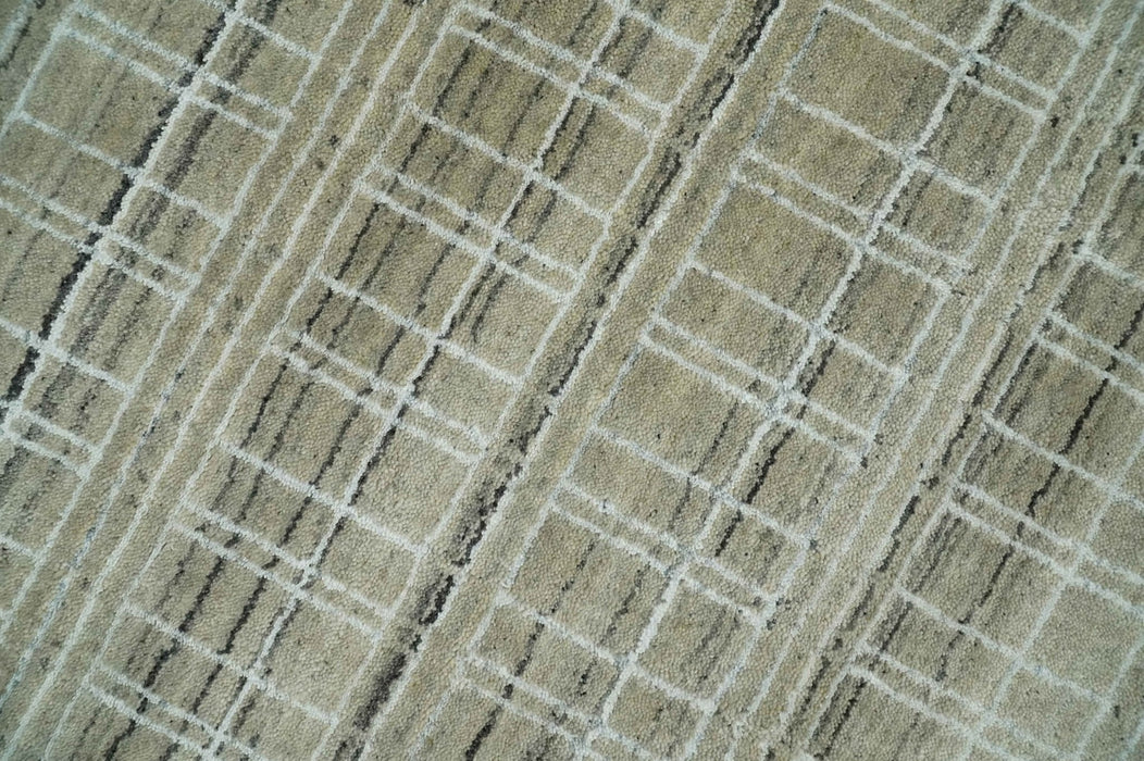 Modern 8x10 Hand Made striped Olive, White and Brown Scandinavian Blended Wool Flatwoven Area Rug | KE33