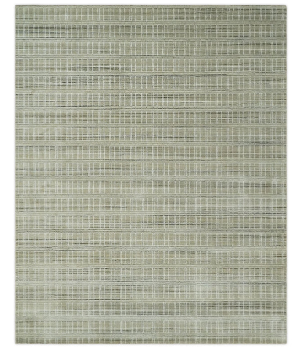 Modern 8x10 Hand Made striped Olive, White and Brown Scandinavian Blended Wool Flatwoven Area Rug | KE33