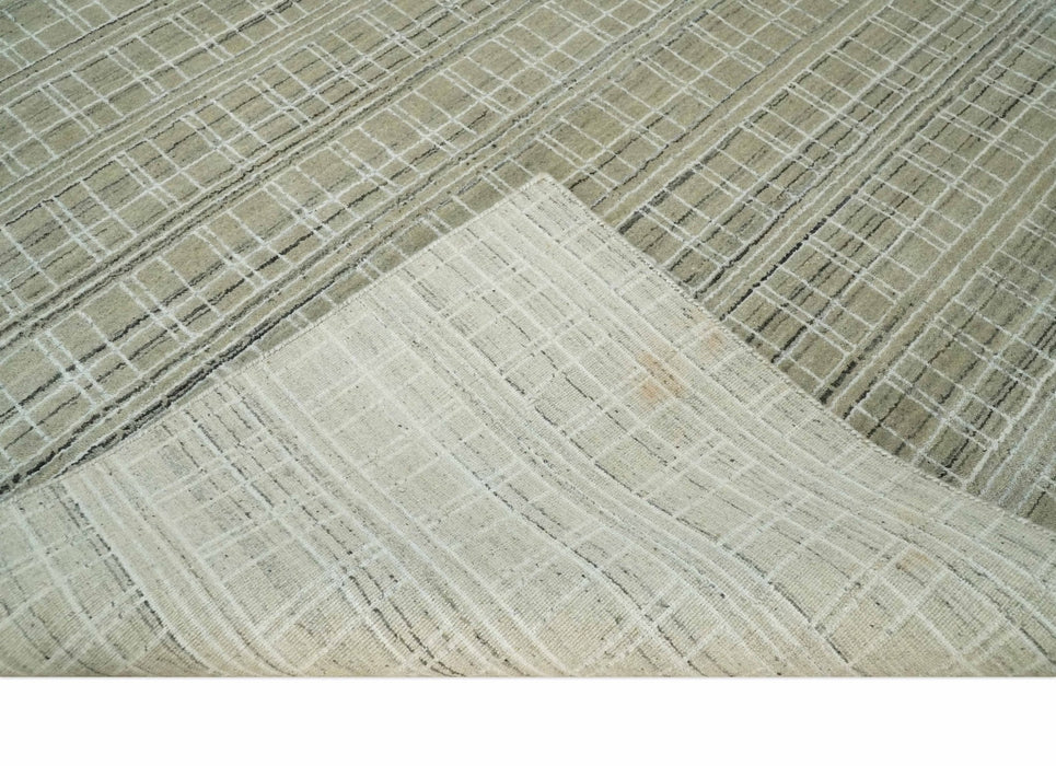 Modern 8x10 Hand Made striped Olive, White and Brown Scandinavian Blended Wool Flatwoven Area Rug | KE33