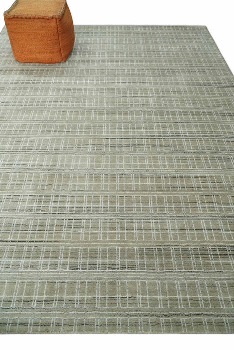 Modern 8x10 Hand Made striped Olive, White and Brown Scandinavian Blended Wool Flatwoven Area Rug | KE33