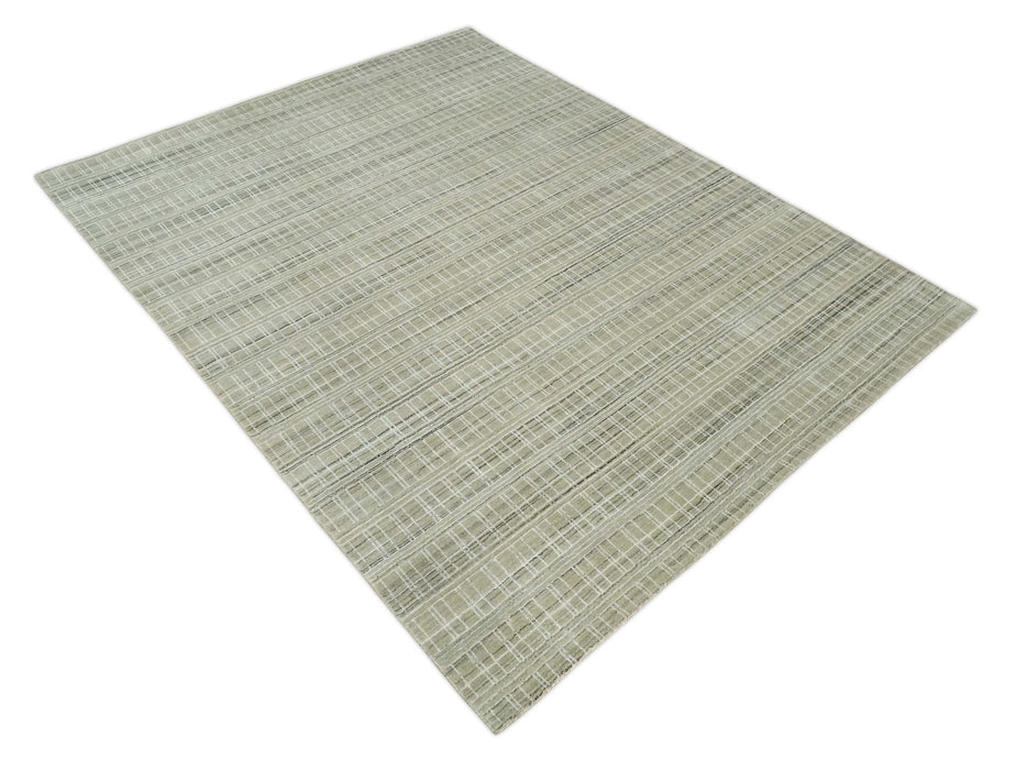 Modern 8x10 Hand Made striped Olive, White and Brown Scandinavian Blended Wool Flatwoven Area Rug | KE33