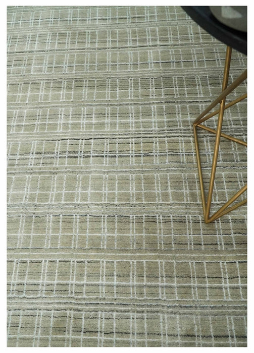 Modern 8x10 Hand Made striped Olive, White and Brown Scandinavian Blended Wool Flatwoven Area Rug | KE33