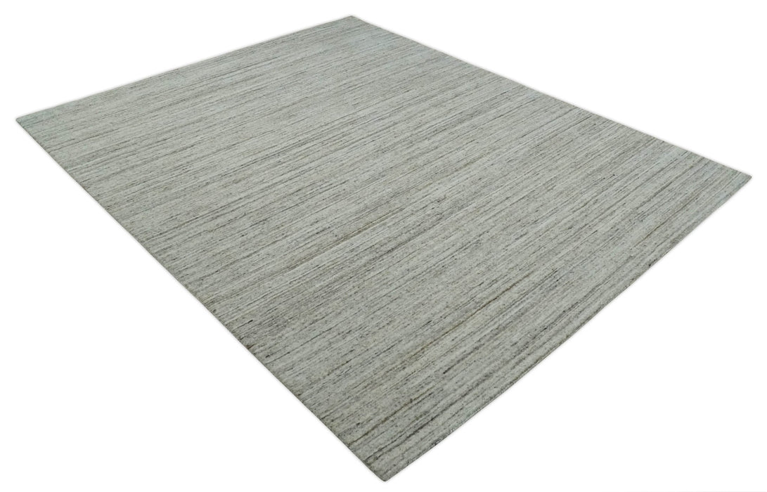 Modern Solid Self Design Abstract Handloom Ivory, Silver and Brown 8x10 Contemporary Wool Area Rug | TRD10282810S