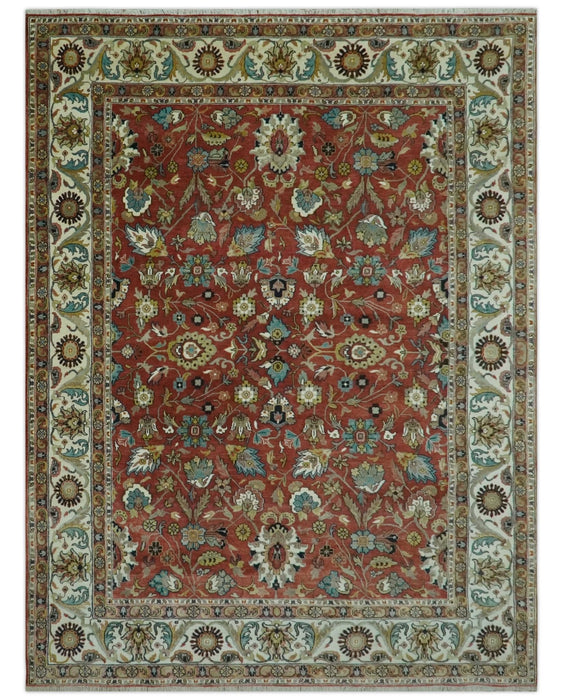 Premium Brown and Ivory 8x10 Hand knotted Traditional Floral Wool Area Rug