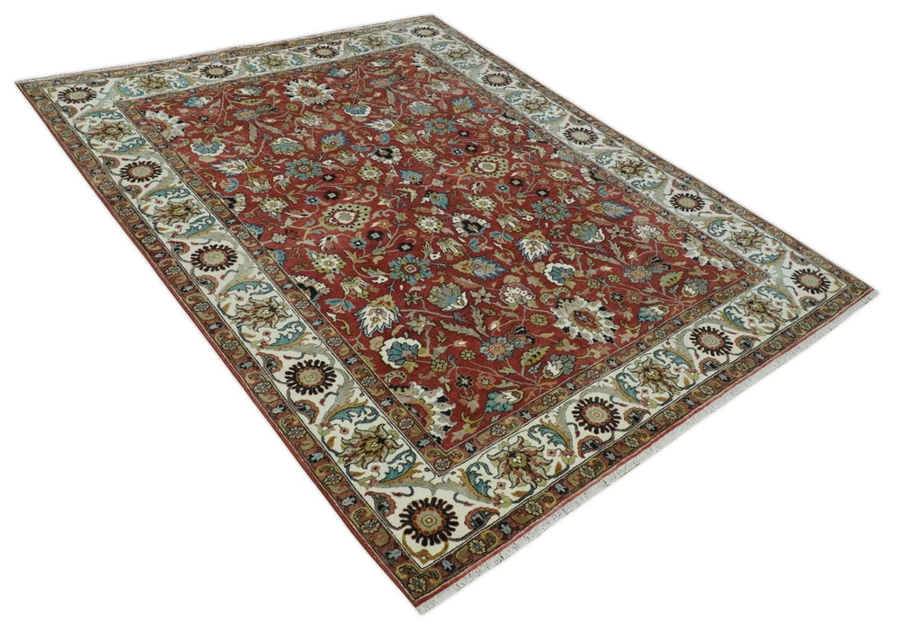 Premium Brown and Ivory 8x10 Hand knotted Traditional Floral Wool Area Rug