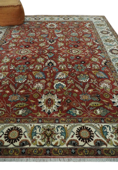 Premium Brown and Ivory 8x10 Hand knotted Traditional Floral Wool Area Rug