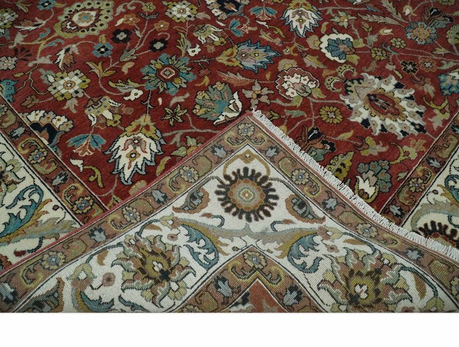 Premium Brown and Ivory 8x10 Hand knotted Traditional Floral Wool Area Rug