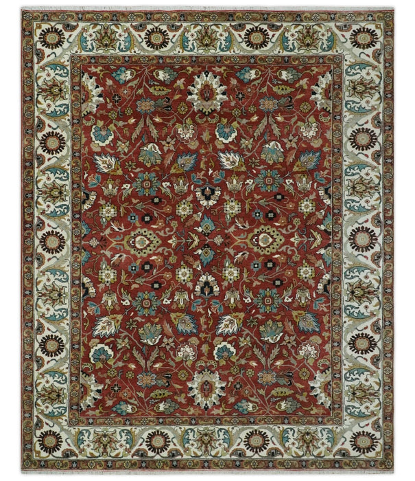 Premium Brown and Ivory 8x10 Hand knotted Traditional Floral Wool Area Rug