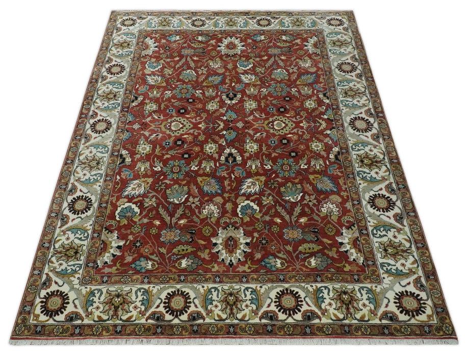 Premium Brown and Ivory 8x10 Hand knotted Traditional Floral Wool Area Rug